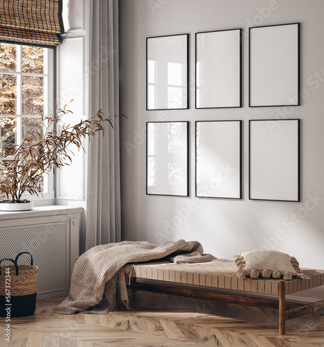 Print op canvas Mock up poster frame in modern beige home interior, Scandinavian style, 3d rende