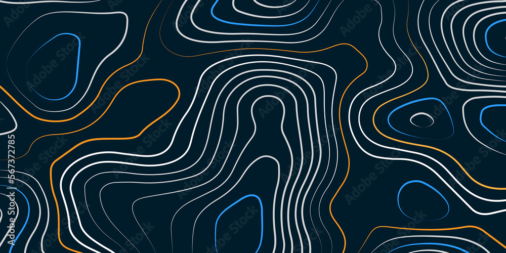Orange, blue and white wavy abstract topographic map contour, lines Pattern background. Topographic map and landscape terrain texture grid. Wavy banner and color geometric form. Vector illustration.