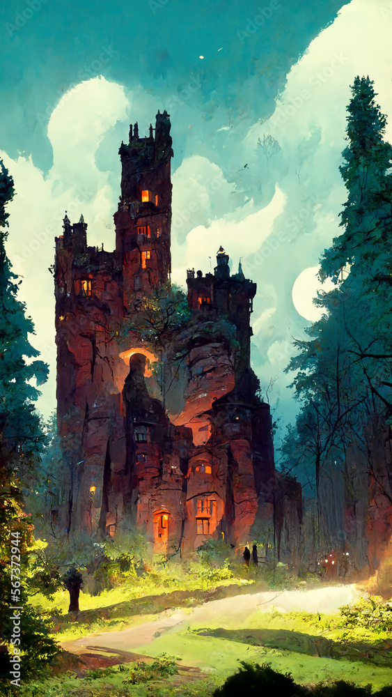 halloween ancient building forest ghost castle night illustration Generative AI Content by Midjourney