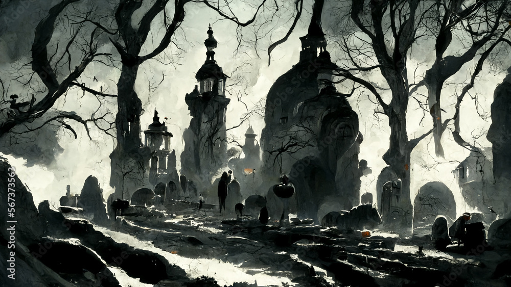 Halloween theme with pumpkins ghosts bats in the dark illustration Generative AI Content by Midjourney Halloween theme with pumpkins ghosts bats in the dark illustration Generative AI Content by Midjourney