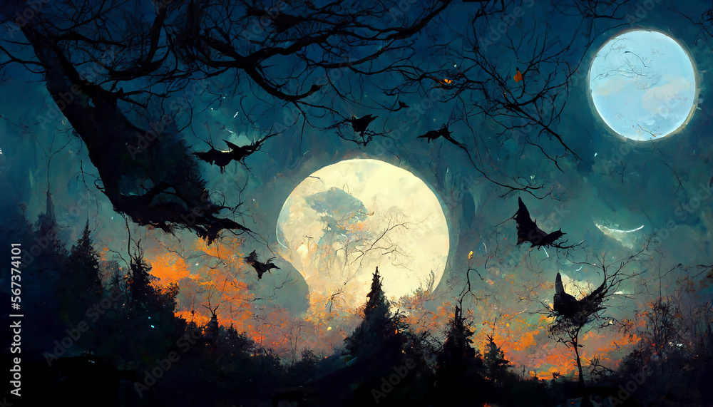 halloween forest theme bat flying moonlight illustration Generative AI Content by Midjourney