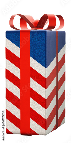 American flag pattern wrapping gift box with red ribbon bow