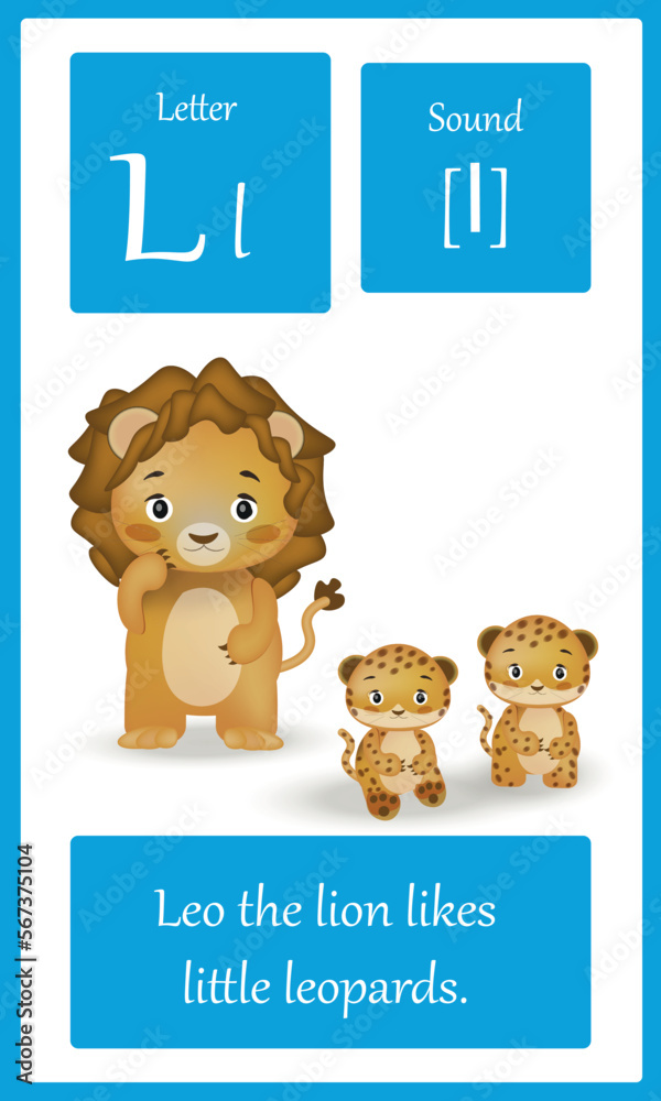 Colorful alphabet letter l phonics flashcard with sound letter l for