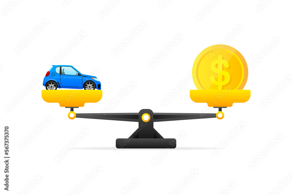 Car and Money on scales. Scales with car and dollar coin. Buying car concept. Vector illustration. Car and Money on scales. Scales with car and dollar coin. Buying car concept. Vector illustration.