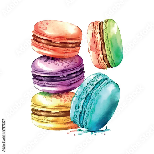 Watercolor set macaroons decorated isolated on white background. Hand drawn illustration of popular crunchy dessert for cafe decoration