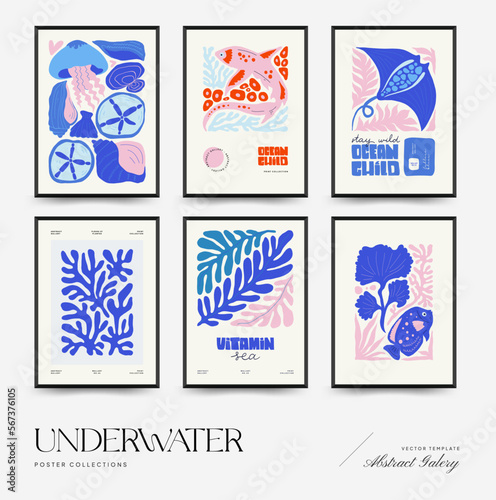 Underwater world, ocean, sea, fish and shells vertical flyer or poster template. Modern trendy Matisse minimal style. Hand drawn design for wallpaper, wall decor, print, postcard, cover, template