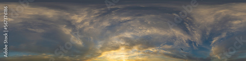 Dramatic sunset sky panorama with Cumulus clouds. Seamless hdr 360 pano in spherical equirectangular format. Complete zenith for 3D visualization, game and sky replacement for aerial drone panoramas