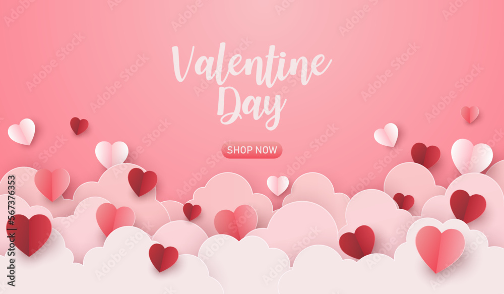 happy valentine's day sale with cloud and red heart banner. love for valentine greeting card. copy space for text.  romantic wedding in February 14 Vector illustration paper cut style.