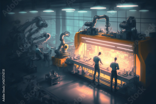 Smart factory that uses a combination of robots and human workers to increase efficiency. Reduce manual labor and maximize automation for more efficient and cost-effective operation. generative ai.