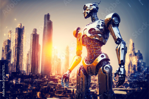 Robot with artificial intelligence create design and construction building concept. AI control city infrastructure, data traffic, ensure safety. World communication concept.
