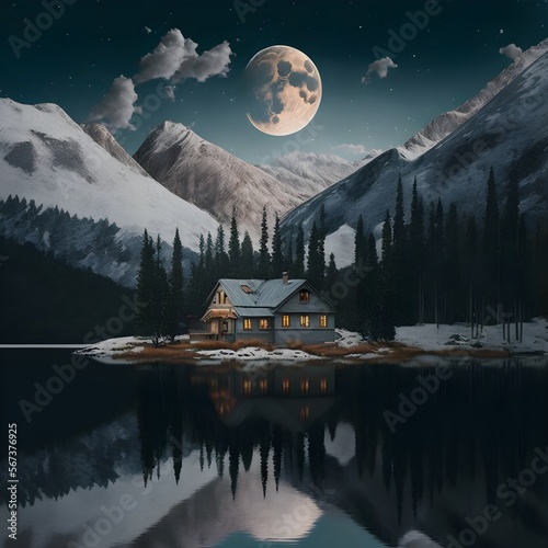 House on a lake surrounded by trees. snow-covered mountains. a full moon. and a cloudy sky