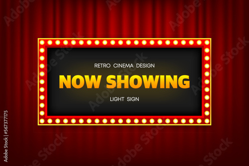 Now Showing in Retro lightbox with light bulbs on a silky luxury curtain stage. Vintage theater signboard mockup. Red commercial announcement banner. Vector illustration.