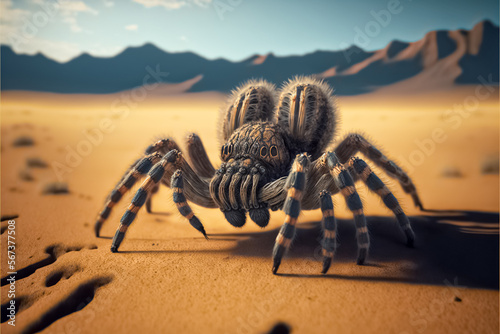 Close-up of a tarantula on the sand in natural desert environment. generative AI

 photo