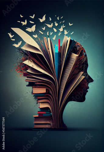 Beautiful abstract surreal head of a books concept, contemporary and mood social background.