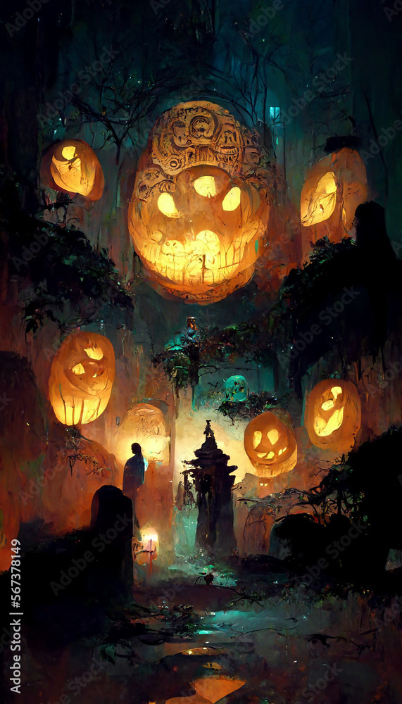 Mayan style halloween theme pumpkins ghosts in the dark night  illustration Generative AI Content by Midjourney
