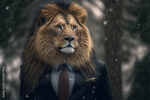 A lion wearing a suit and tie in the snow forest, Generative AI © Kafi
