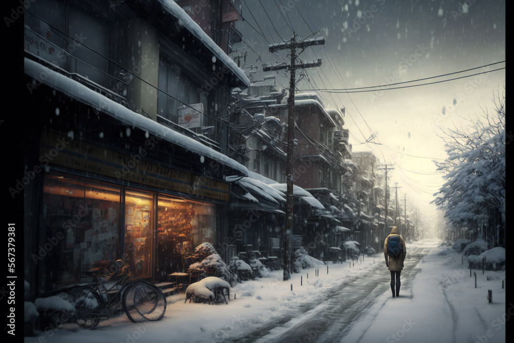 Naklejka premium Abandoned Tokyo City in the future. Empty roads and a dystopian atmosphere in a post-apocalyptic Japan - Generative AI