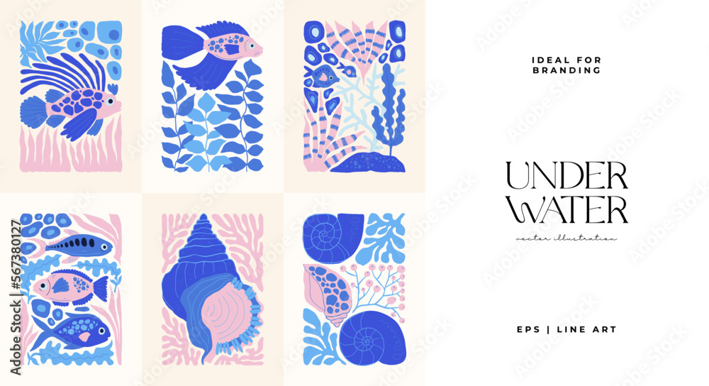 Underwater world, ocean, sea, fish and shells vertical flyer or poster template. Modern trendy Matisse minimal style. Hand drawn design for wallpaper, wall decor, print, postcard, cover, template