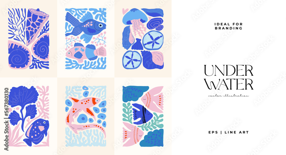 Underwater world, ocean, sea, fish and shells vertical flyer or poster template. Modern trendy Matisse minimal style. Hand drawn design for wallpaper, wall decor, print, postcard, cover, template