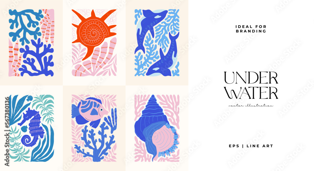 Underwater world, ocean, sea, fish and shells vertical flyer or poster template. Modern trendy Matisse minimal style. Hand drawn design for wallpaper, wall decor, print, postcard, cover, template Underwater world, ocean, sea, fish and shells vertical flyer or poster template. Modern trendy Matisse minimal style. Hand drawn design for wallpaper, wall decor, print, postcard, cover, template