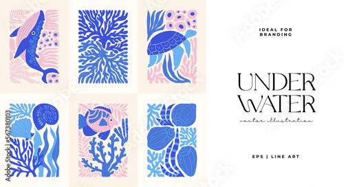Underwater world, ocean, sea, fish and shells vertical flyer or poster template. Modern trendy Matisse minimal style. Hand drawn design for wallpaper, wall decor, print, postcard, cover, template