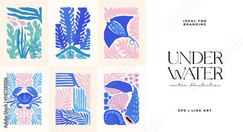 Underwater world, ocean, sea, fish and shells vertical flyer or poster template. Modern trendy Matisse minimal style. Hand drawn design for wallpaper, wall decor, print, postcard, cover, template
