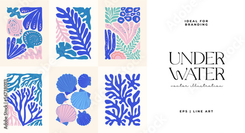 Underwater world, ocean, sea, fish and shells vertical flyer or poster template. Modern trendy Matisse minimal style. Hand drawn design for wallpaper, wall decor, print, postcard, cover, template