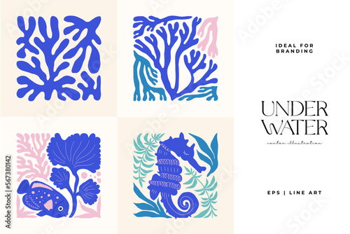 Underwater world  ocean  sea  fish and shells vertical flyer or poster template. Modern trendy Matisse minimal style. Hand drawn design for wallpaper  wall decor  print  postcard  cover  template