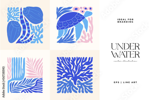 Photography Underwater world, ocean, sea, fish and shells vertical flyer or poster template