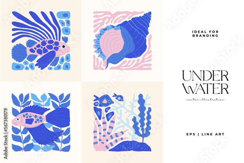 Underwater world, ocean, sea, fish and shells vertical flyer or poster template. Modern trendy Matisse minimal style. Hand drawn design for wallpaper, wall decor, print, postcard, cover, template