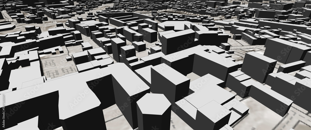 Urbanisme et territoire - Rendu 3d d'une plan cadastral  avec bâtiments 3d du centre-ville d'une métropole et délimitation des parcelles