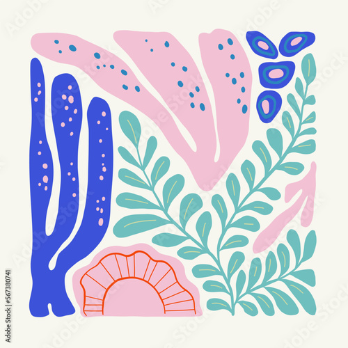 Underwater world, ocean, sea, fish and shells vertical flyer or poster template. Modern trendy Matisse minimal style. Hand drawn design for wallpaper, wall decor, print, postcard, cover, template