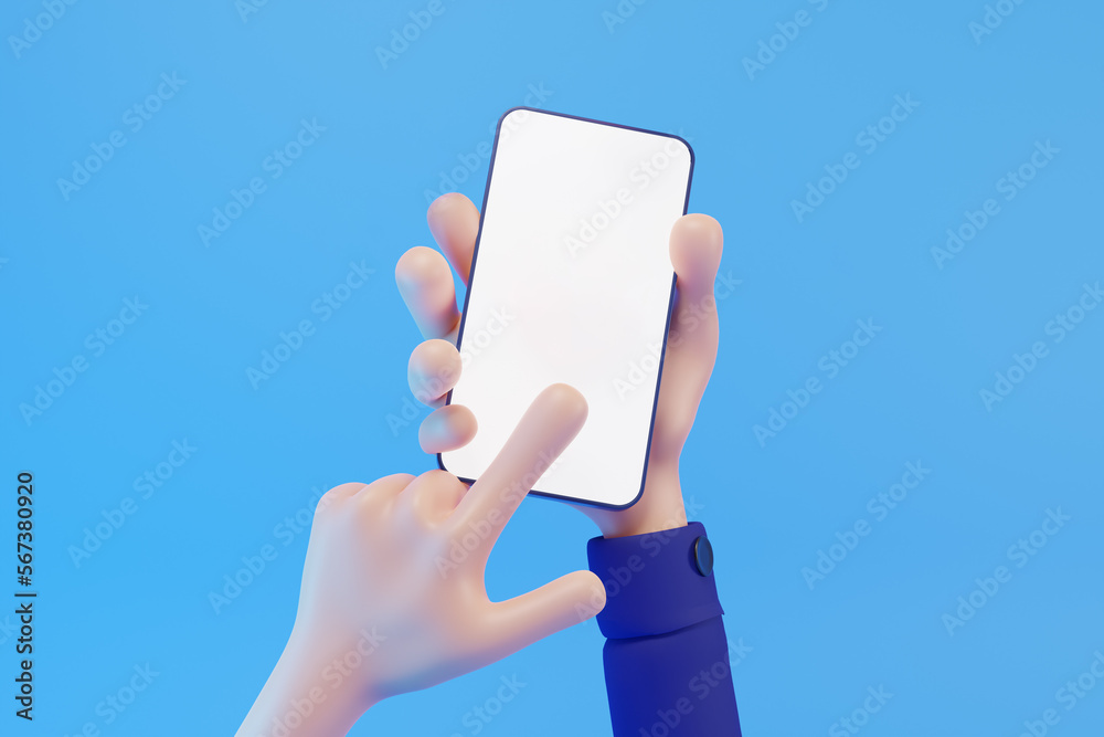 3D Cartoon hand holding smartphone mockup blank screen isolated on blue ...