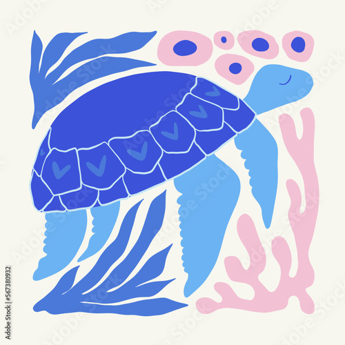 Underwater world, ocean, sea, fish and shells vertical flyer or poster template. Modern trendy Matisse minimal style. Hand drawn design for wallpaper, wall decor, print, postcard, cover, template