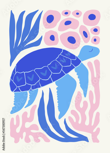 Underwater world, ocean, sea, fish and shells vertical flyer or poster template. Modern trendy Matisse minimal style. Hand drawn design for wallpaper, wall decor, print, postcard, cover, template