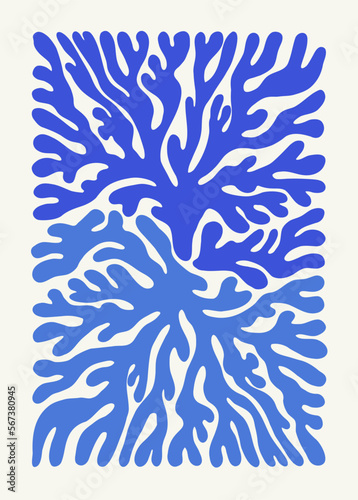 Underwater world, ocean, sea, fish and shells vertical flyer or poster template. Modern trendy Matisse minimal style. Hand drawn design for wallpaper, wall decor, print, postcard, cover, template