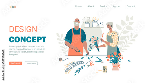 Landing page for a website about floristry. Floral designers create bouquets. Creative activities for the elderly in a flower shop. Flower shop web template. Flat style. Vector illustration.

