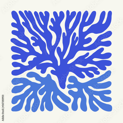 Underwater world, ocean, sea, fish and shells vertical flyer or poster template. Modern trendy Matisse minimal style. Hand drawn design for wallpaper, wall decor, print, postcard, cover, template
