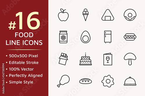 Set of food related vector icons in line style design for website, app, ui, isolated on background. Editable stroke. Vector illustration.