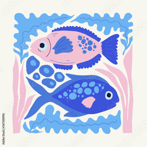 Underwater world, ocean, sea, fish and shells vertical flyer or poster template. Modern trendy Matisse minimal style. Hand drawn design for wallpaper, wall decor, print, postcard, cover, template