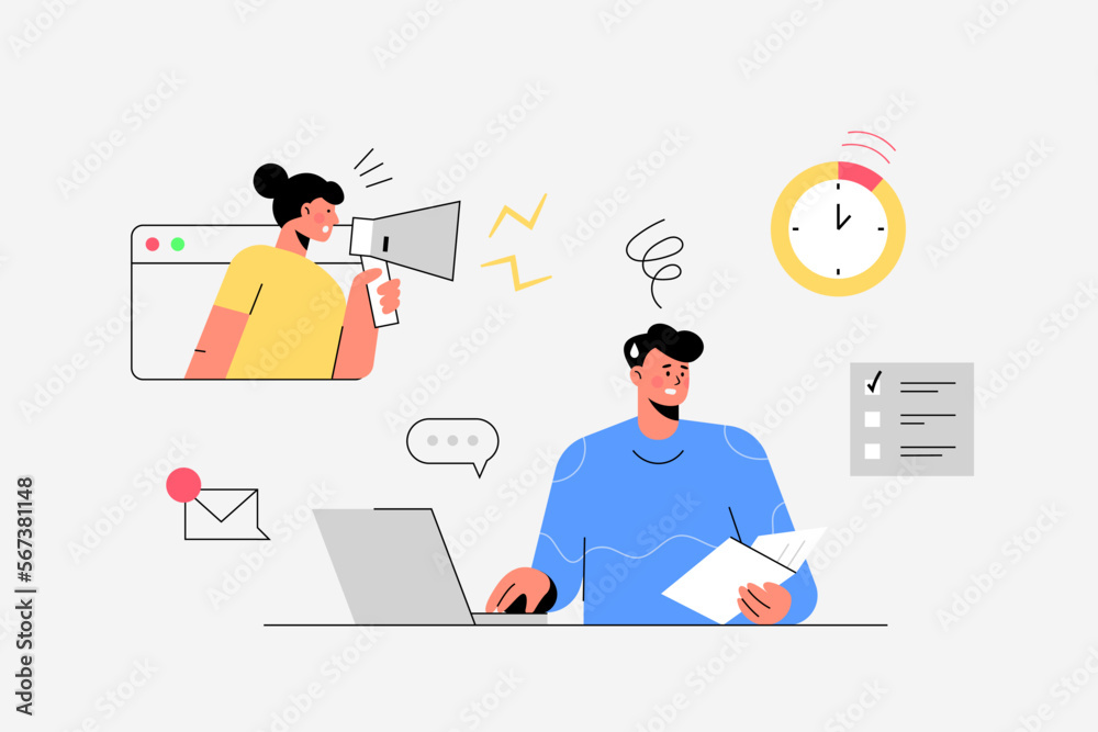 Big isolated employee working in office interior workplace flat vector illustration, cheering success, thinking new, problem solving, business theme Big isolated employee working in office interior workplace flat vector illustration, cheering success, thinking new, problem solving, business theme