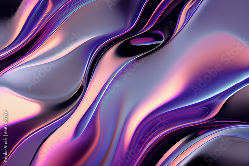Iridescent liquid metal surface with ripples. 3d illustration. Abstract fluorescent background. Fluid neon leak backdrop. Decoration for futuristic design.Generative Ai.