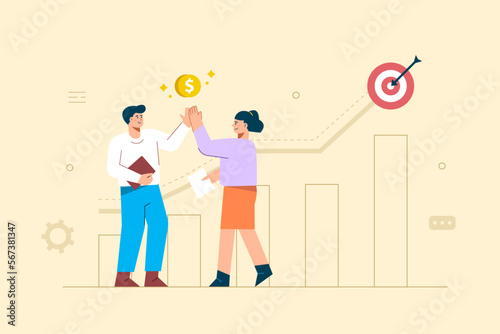Big isolated employee working in office interior workplace flat vector illustration, cheering success, thinking new, problem solving,  business theme
