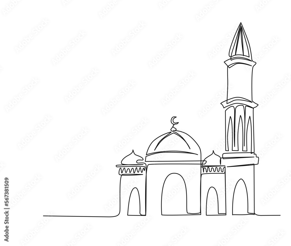 Continuous one line drawing of Mosque. Simple illustration of islamic ornament line art vector illustration.