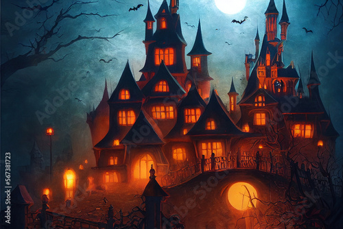 halloween spooky castle illustration Generative AI Content by Midjourney