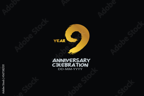 9th, 9 years, 9 year anniversary celebration abstract style logotype. anniversary with gold color isolated on black background, vector design for celebration vector
