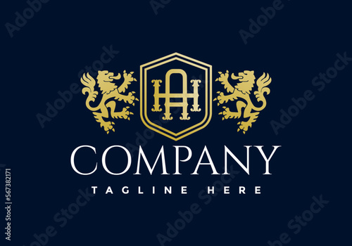 Letter H, and A, Luxury Lion crest heraldry logo. Elegant gold heraldic shield icon.