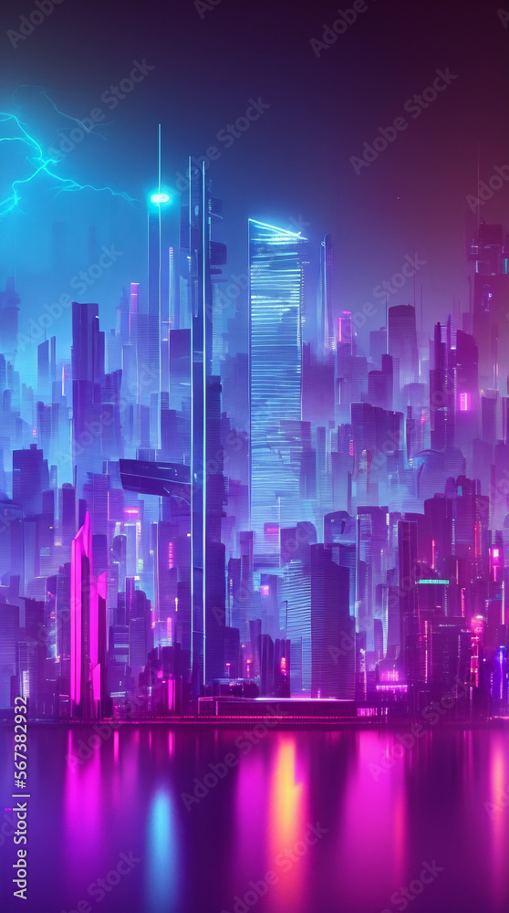 cyberpunk city at night purple and blue tones generative ai