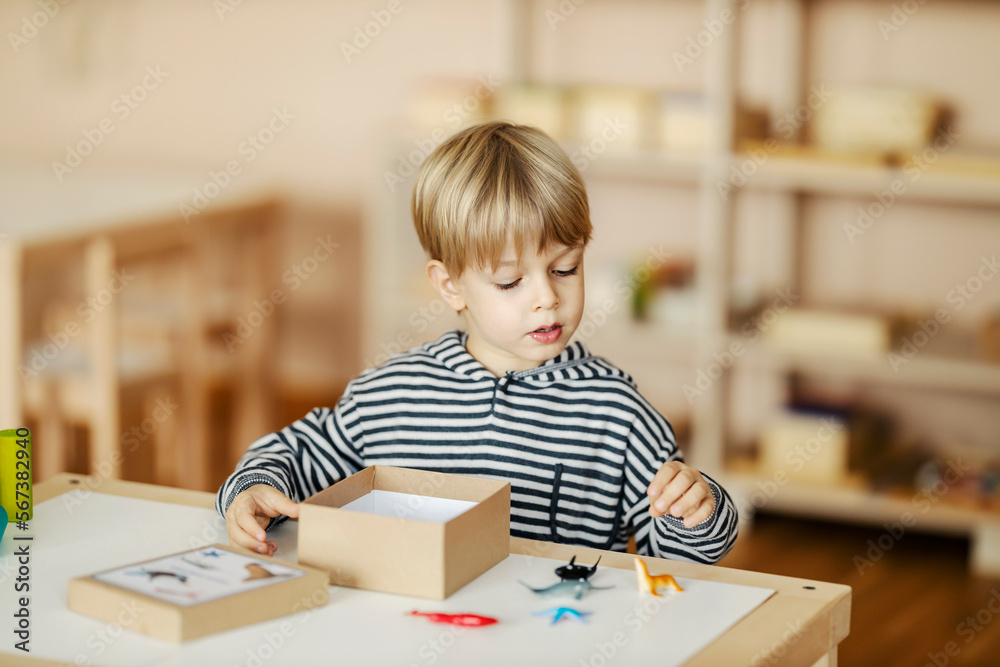 A focused kindergartener is playing with montessori wooden educational game and learning sea animals. A focused kindergartener is playing with montessori wooden educational game and learning sea animals.