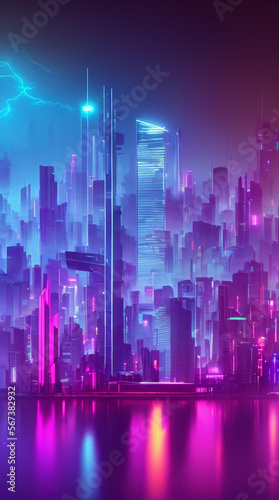 cyberpunk city at night purple and blue tones generative ai